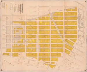 Summary: Cadastral real-estate survey map of part of Canarsie district (Brooklyn, N.Y.) showing block numbers, lot lines/numbers, lot dimensions, and sold lots in yellow tint. Additional sold lots indicated by hand-painted yellow tints. imperfect: Fold-l
