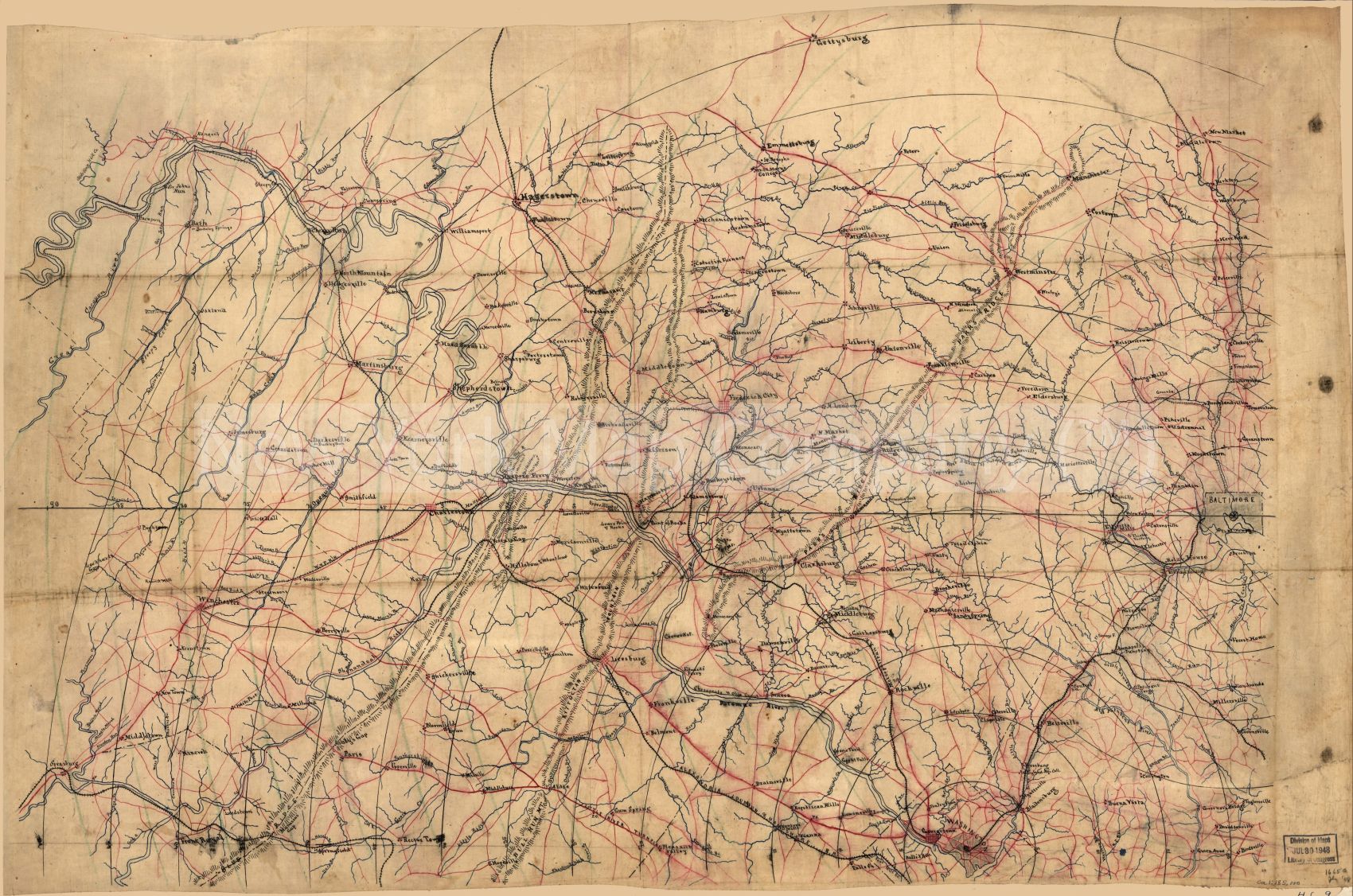 Map of portions of Virginia and Maryland, extending from Baltimore to Strasburg, and from Washington to Gettysburg, with concentric circles at 5-mile intervals centering on Washington and on Baltimore. Description Date and title from Stephenson's Civil