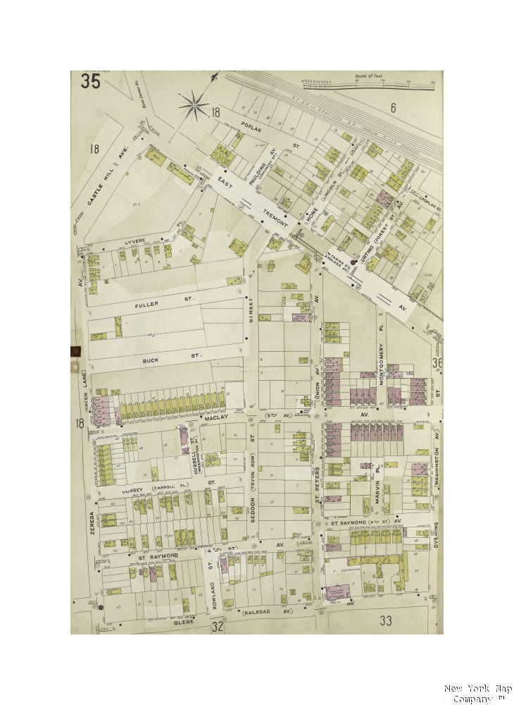 map of New York Bronx, V. A, Plate No. 35 Map bounded by Poplar St., Overing St., Glebe Ave., Zerega Ave., Castle Hill Ave Publisher/ Sanborn Map Company