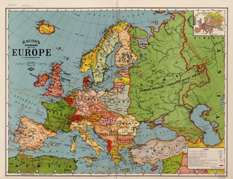 1920 map Bacon's standard map of Europe|Size 18x24 - Ready to Frame| Europe