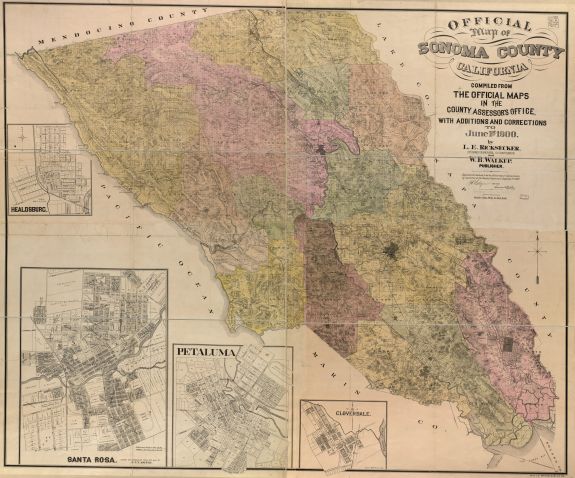 Vintage map: Includes inset maps of Healdsburg, Santa Rosa, Petaluma and Cloverdale. "Approved .. by resolution of the Board of Supervisors, September 7th, 1900." Cadastral maps showing land owners. Also shows drainage and ranchos. Land ownership map, no