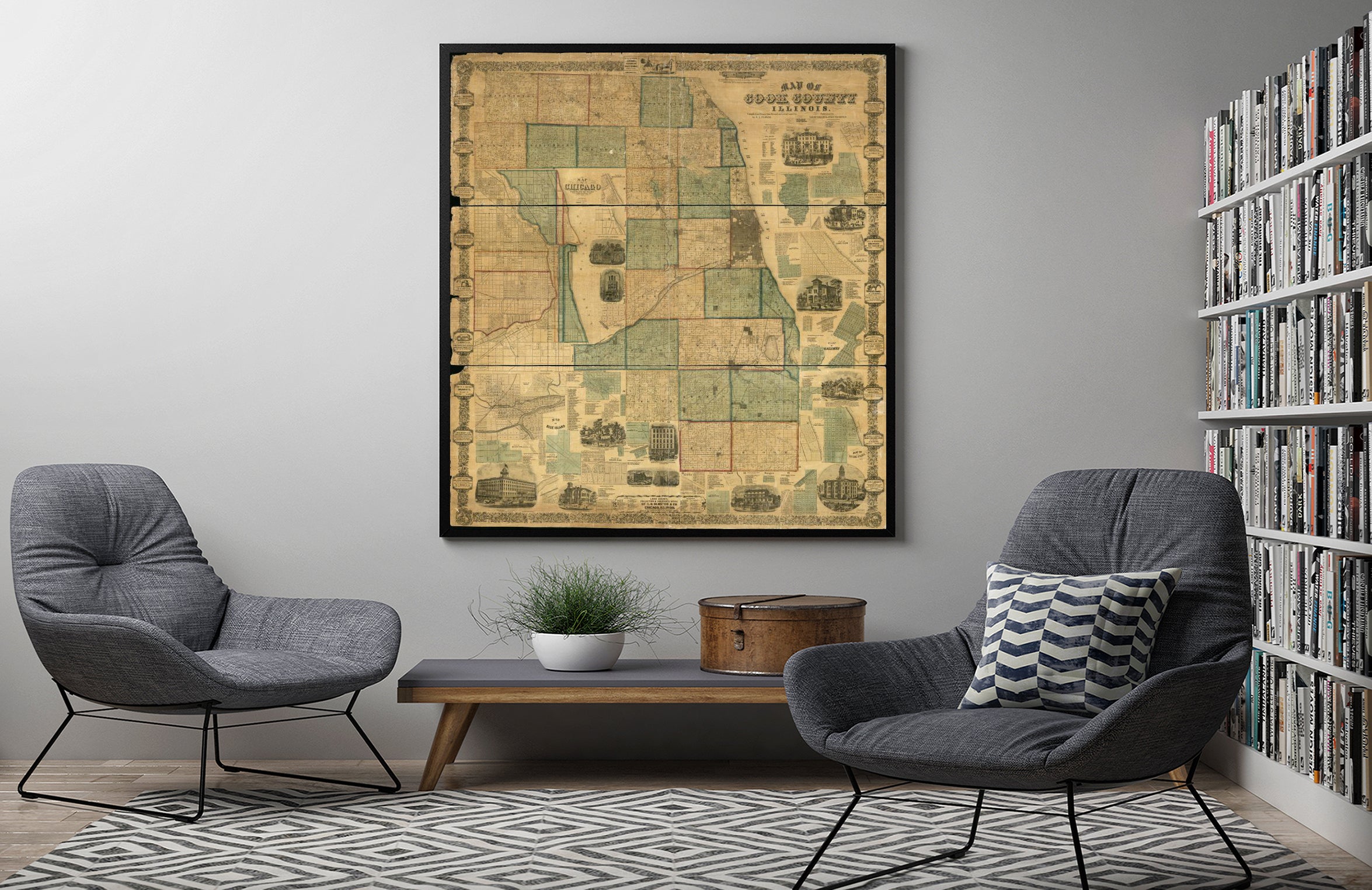 Summary: "Engraved, printed, colored, and mounted by Edw. Mendel." Land ownership map, 104 Includes business directories, list of Post Offices in the Cook County, views of residential, public, and business views. Insets: Plat of Taylorsport - Plat of Eva