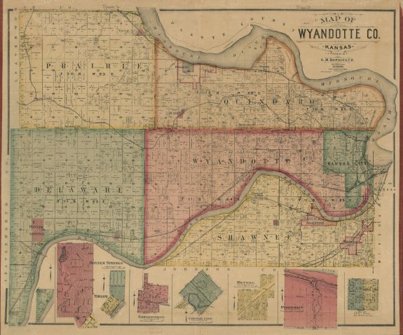 Summary: Shows landowners. Land ownership map, 222 Ancillary maps: Bethel - Bonner Springs/Tiblow - Connor City - Edwardsville - In section 25 - Loring P.O. and station - Pomeroy. Copy mounted on cloth. Created / Published: Philadelphia: Published by G.M