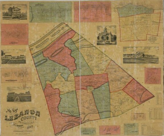 1860 map of Lebanon County, Pennsylvania Entered according to an act of Congress in the year 1860 by H'y F. Bridgens in .. and for the eastern District of Penn'a.