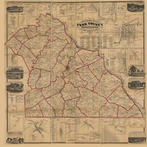 1860 Map Shearer's map of York County, Pennsylvania:Vintage Antique Reprint