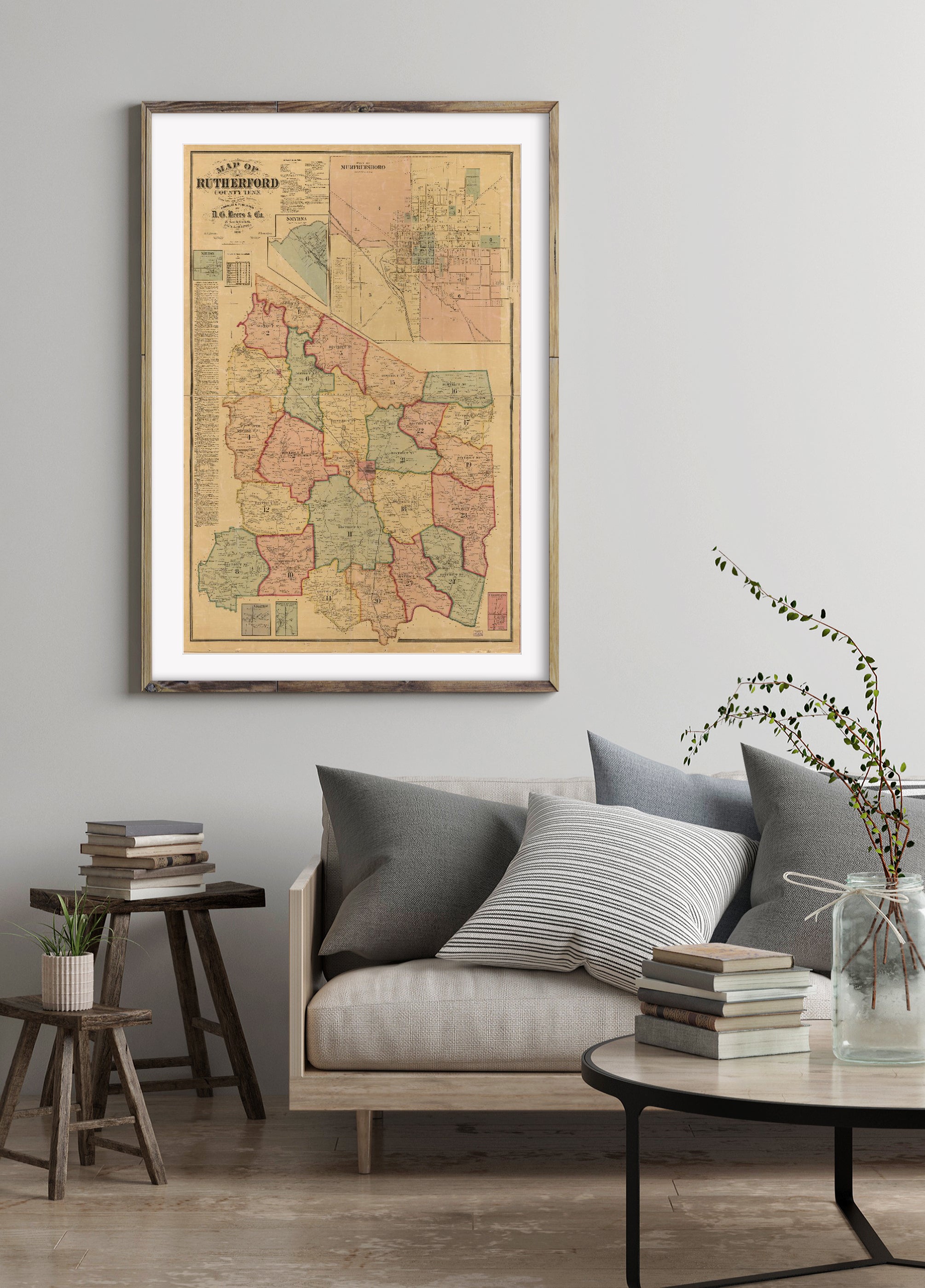 Vintage map: Shows roads, railroads, property tract lines, tract numbers, and landowners' names. Includes business directories, insets of Milton, Eagleville, Fosterville, Smyrna, City of Murfreesboro, and Christiana, list of names, and table of populatio