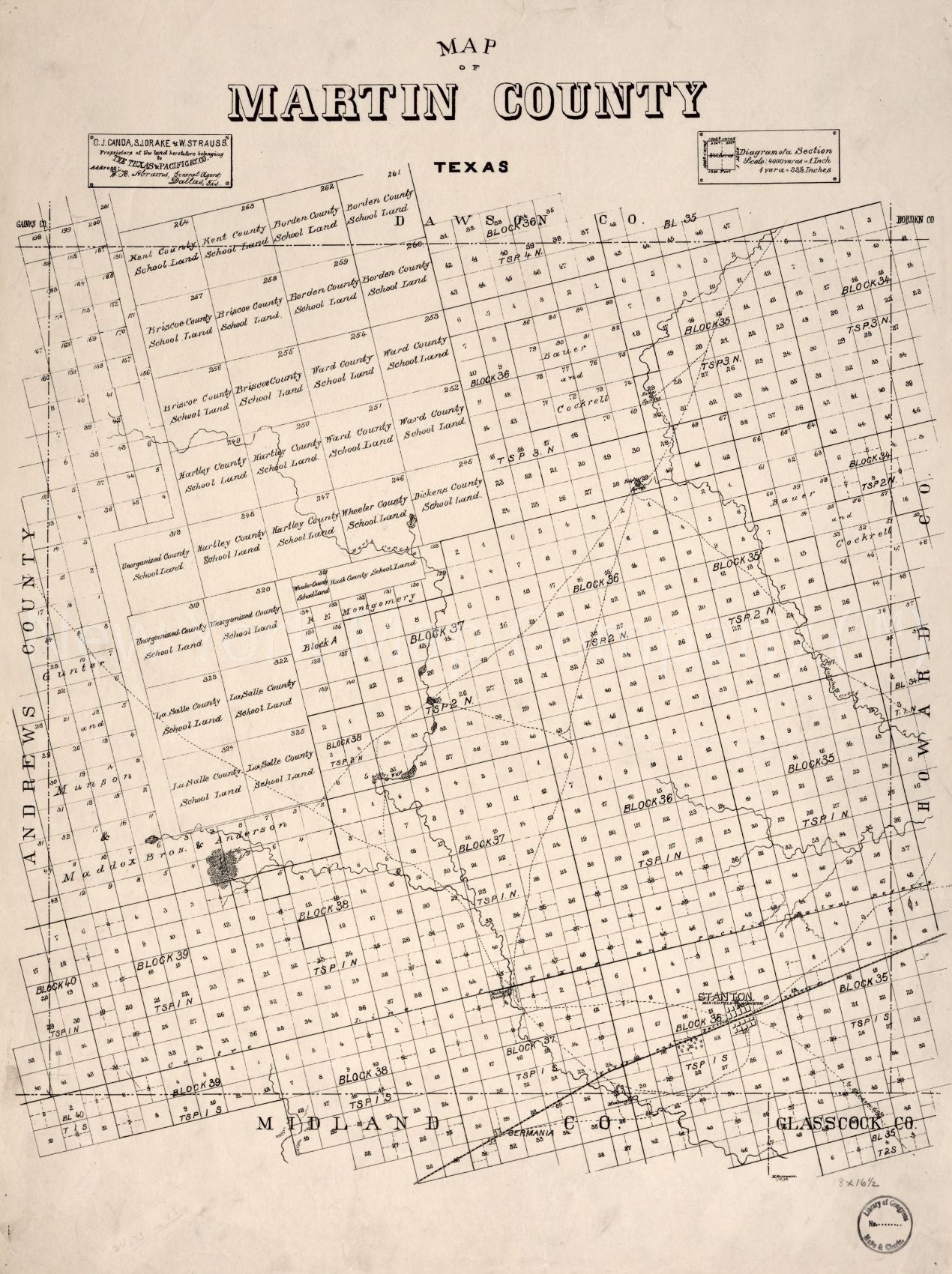 1894 map of Martin County, Texas. C. J. Canda, S. J. Drake and W. Strauss, proprietors of the lands heretofore belonging to the Texas and Pacific Ry. Co. Address: W. H. Abrams, general agent, Dallas, Txs. Map Subjects: Landowners | Martin County | Martin