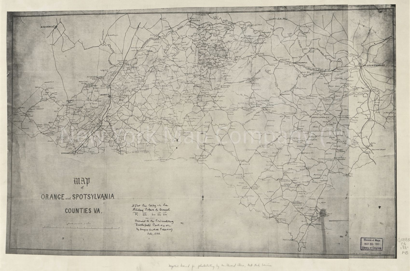 1860 map of Orange and Spotsylvania counties, Va. After the copy in the Military Papers of General R.E. Lee. Presented to the Fredericksburg Battlefield Park andc andc by Douglas Southall Freeman, July 1936. Map Subjects: Cadastral Landowners | Orange Co
