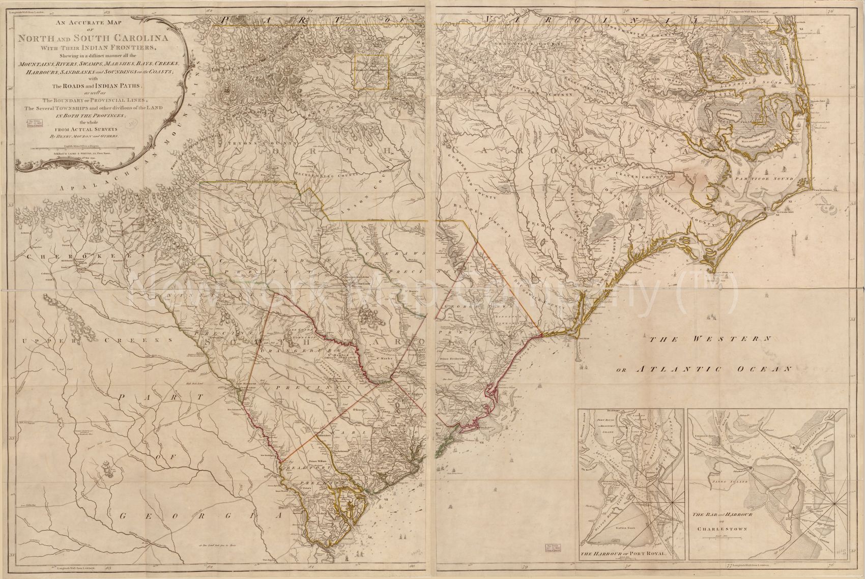 1794 map An accurate map of North and South Carolina with their Indian frontier, shewing in a distinct manner all the mountains, rivers, swamps, arshes, bays, creeks, harbours, sandbanks and soundings on the coasts with the roads and Indian paths as well