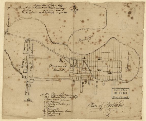 Summary: Cadastral map of Portland, Maine, that shows lot lines, some lot numbers, and some names of landowners. Gift; Boylston A. Beal; 3 Jan. 1934. Pen-and-ink. Includes index of selected buildings and note on property of Edgar Potts. Imperfect: Brittl