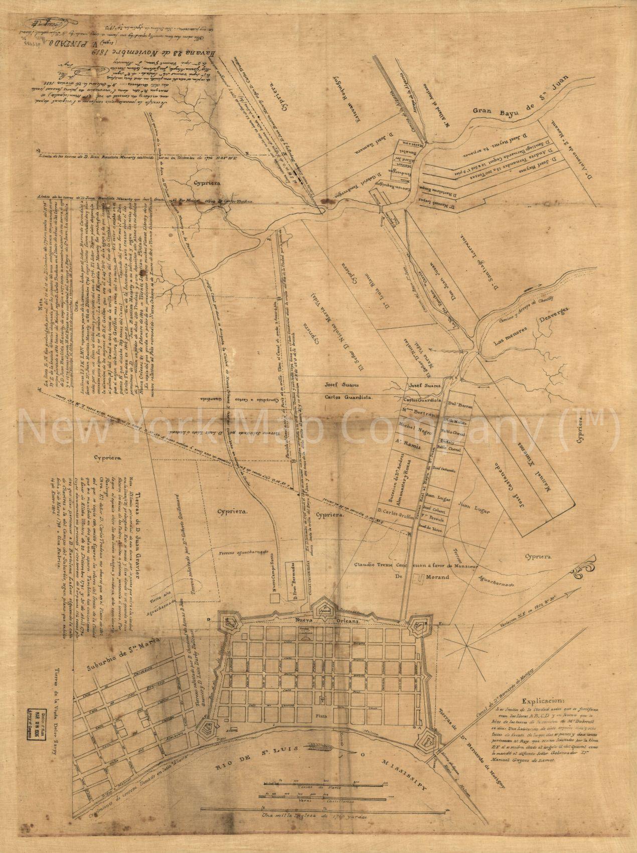 1819 map Map of New Orleans and vicinity This map is an 1873 copy of the original 1804 map copied by Pintado (in Havana in 1819) and verified by Pilié, the New Orlweans Surveyor in 1838. Map reflects information compiled by Pintado in 1795-96 and set dow - New York Map Company