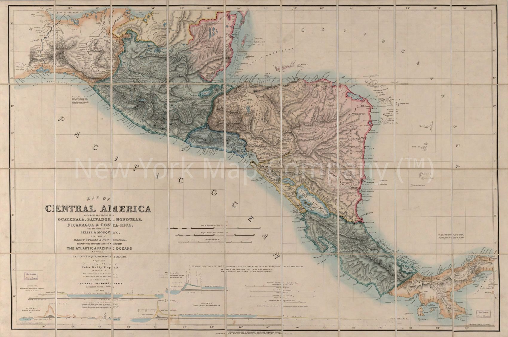 1850 map of Central America including the states of Guatemala, Salvador, Honduras, Nicaragua and Costa Rica, the territories of Belise and Mosquito, with parts of Mexico, Yucatan and New Granada: shewing the proposed routes between the Atlantic and Pacif