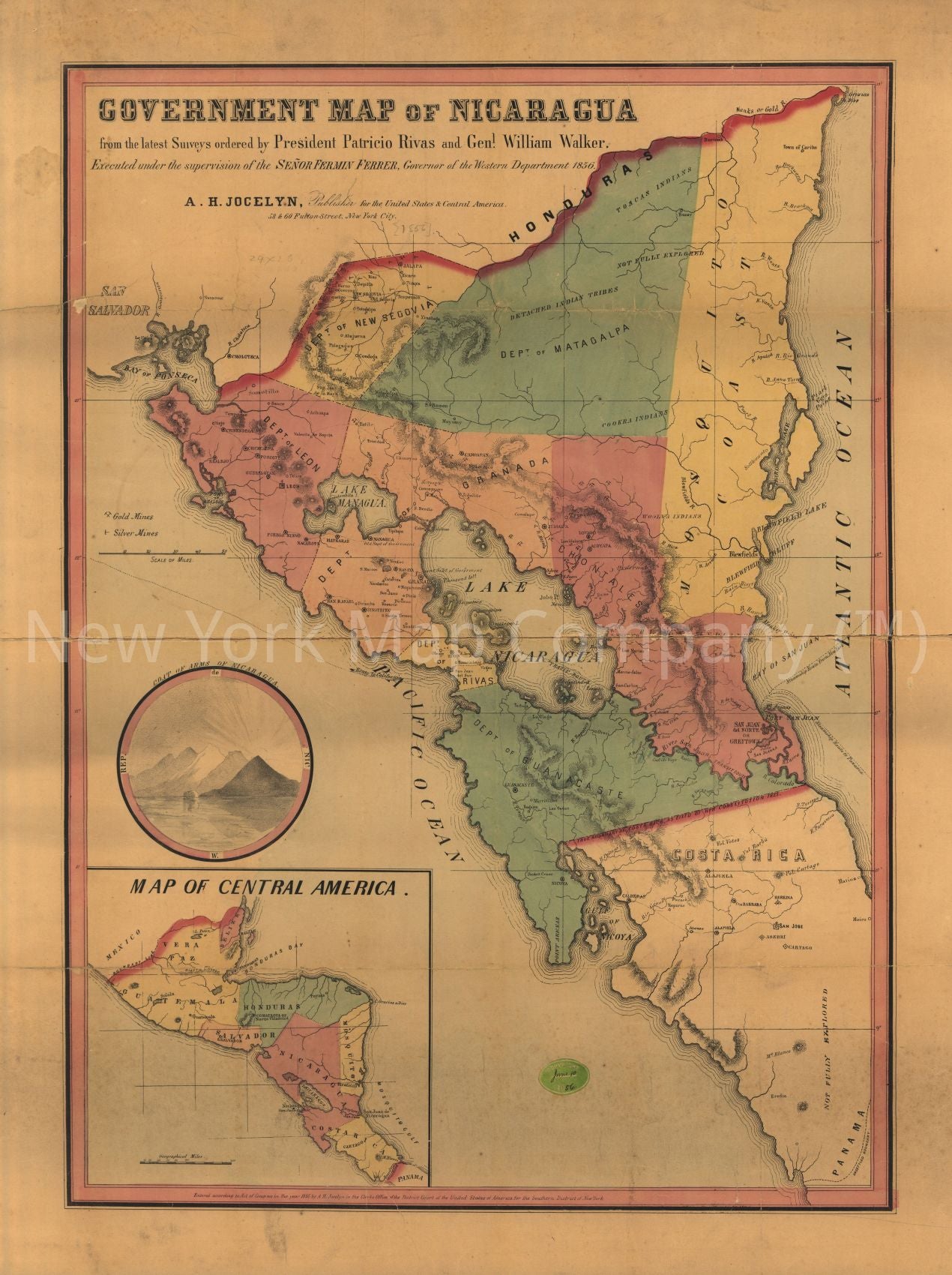 1856 map Government map of Nicaragua: from the latest surveys ordered by President Patricio Rivas and Genl. William Walker ; executed under the supervision of the Señor Fermín Ferrer, Governor of the Western Department, 1856. Map of Central America. Map