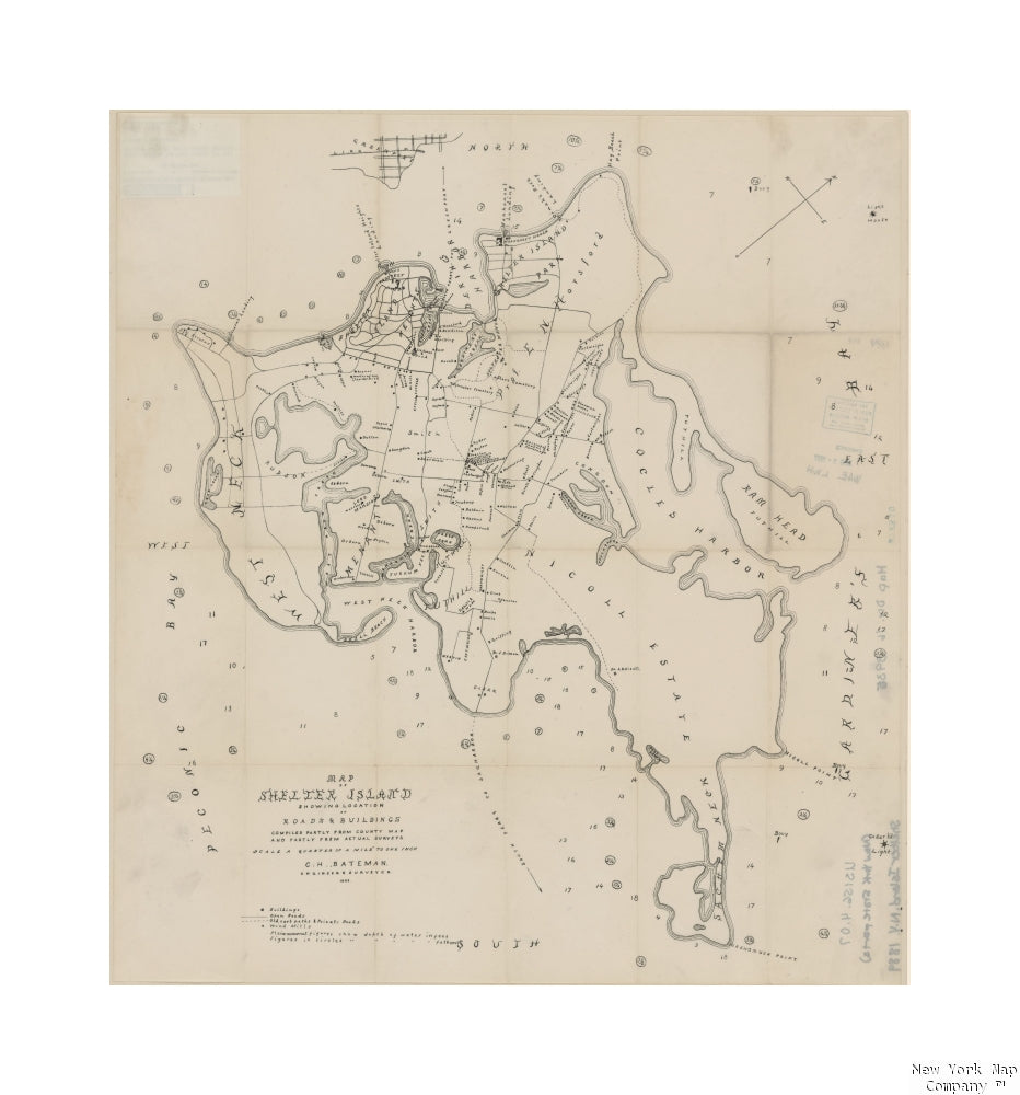 map of Shelter Island, N.Y. Map of Shelter Island showing location of roads and building Bateman, C. H., 1848-1908 (Cartographer) Publisher/ C. H. Bateman