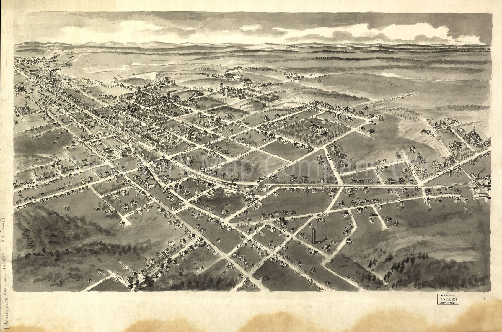 1907 map Bird's-eye-view of Hickory, North Carolina. Map Subjects: Hickory | Hickory NC | North Carolina |