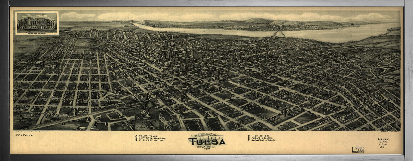 1918 Map|Title: Aero view of Tulsa, Oklahoma Vintage Historic Map