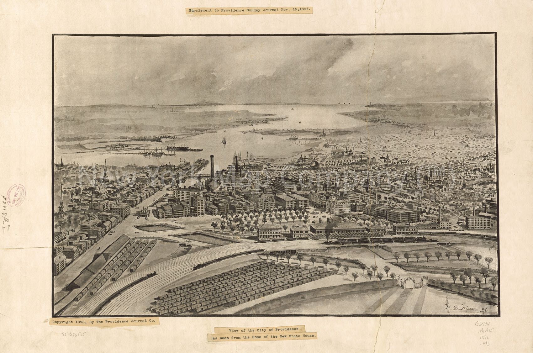 1896 map View of the city of Providence as seen from the dome of the new State House. Supplement to Providence Sunday journal, Nov. 15, 1896. Map Subjects: Providence | Providence RI | Rhode Island |