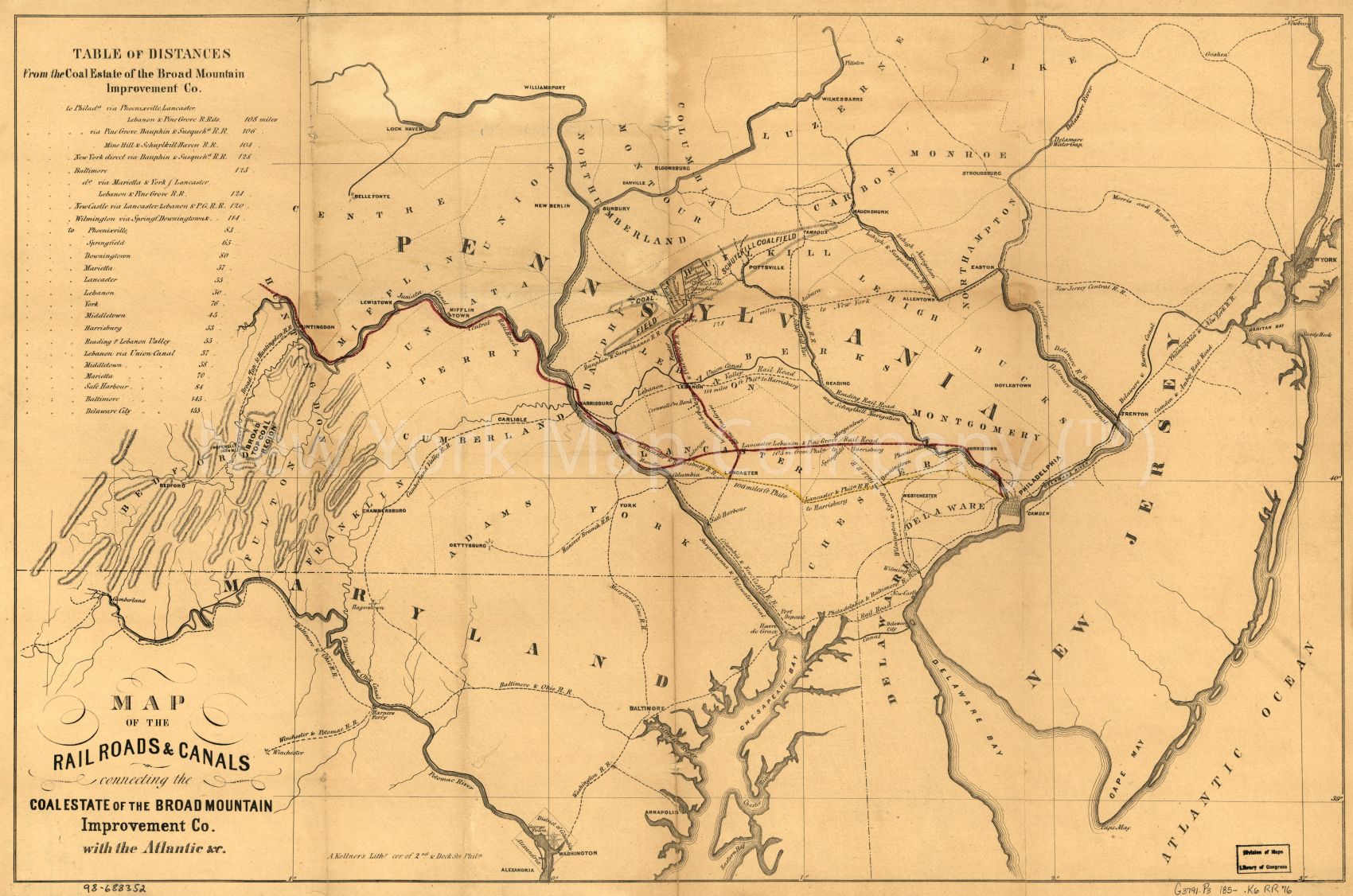 1850 map of the railroads and canals connecting the coal estate of the Broad Mountain Improvement Co., with the Atlantic andc. Outline map indicating the railroad network in central Pennsylvania, parts of Maryland, Delaware and New Jersey. Map Subjects: