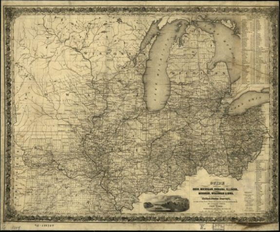 1844 map Guide through Ohio, Michigan, Indiana, Illinois, Missouri, Wisconsin and Iowa; by J. Calvin Smith, engraved by S. Stiles, Sherman and Smith. Detailed township map of the midwestern states showing drainage, cities and towns, canals, stage roads,