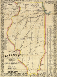 1855 map D.B. Cooke and Co's railway guide for Illinois shewing all the stations with their respective distances connecting with Chicago. Outline map showing "R.R. in operation" and "R.R. in Progress." [From published bibliography] Rail-road connections.