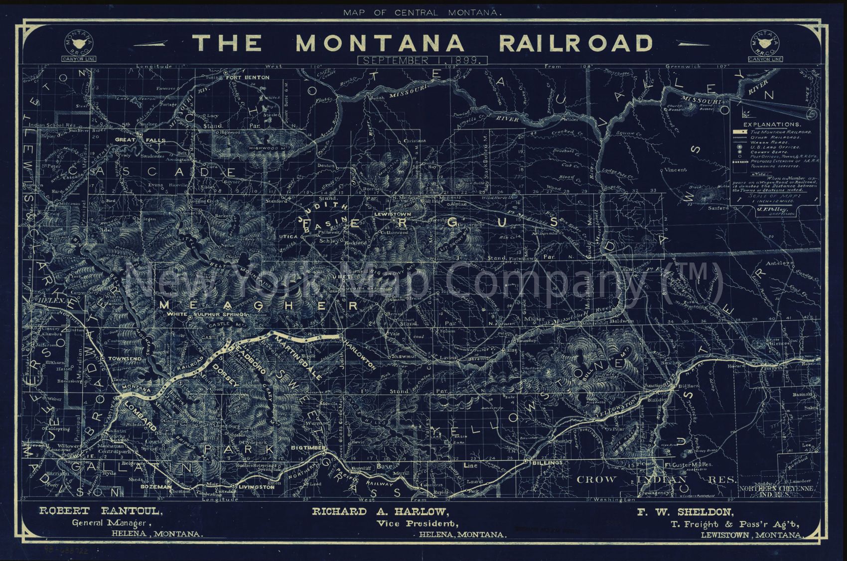 1899 map of central Montana, the Montana Railroad, September 1, 1899. Shows relief by hachures, drainage, township and county boundaries, military reservations, wagon roads, and railroads. Map Subjects: Montana | Montana Railroad |