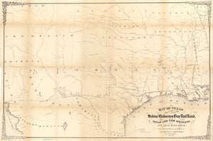 1859 map of Texas showing the Sabine and Galveston Bay Rail Road, or Texas and New Orleans Air Line Rail Line, its connections in the U.S. and adjacent territories. Outline map of Texas and vicinity showing railroads actually built, under construction, a