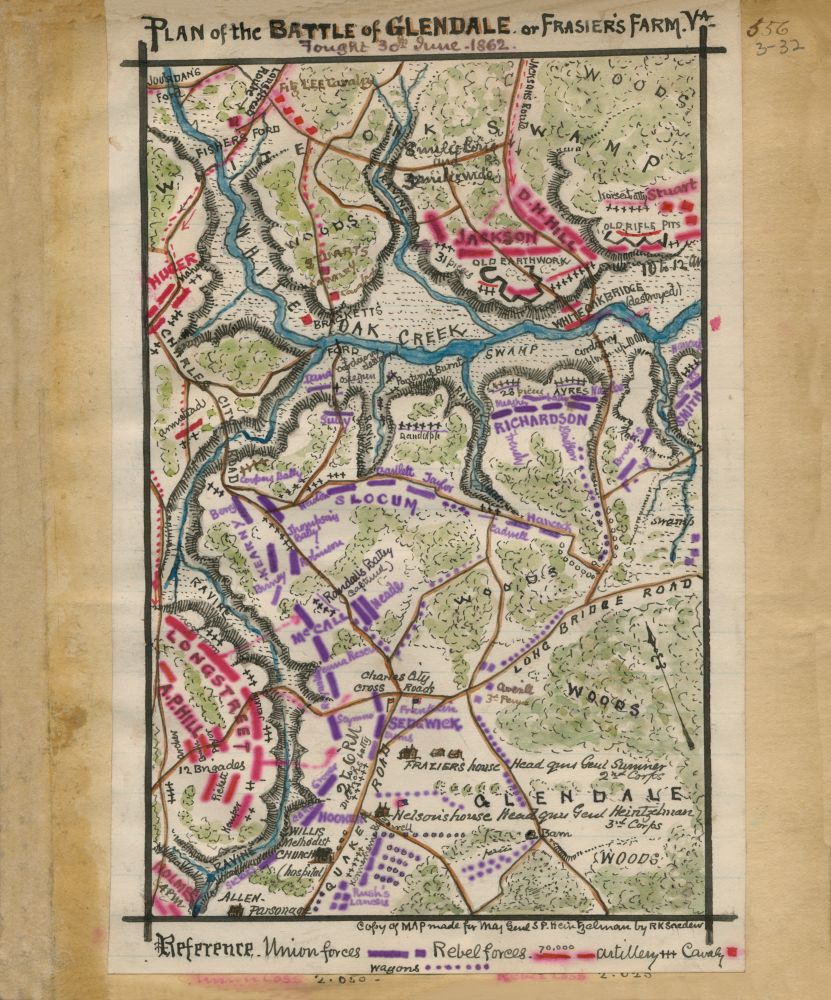 Plan of the Battle of Glendale or Frasier's Farm Va. Fought 30th June 1862. Description Shows the area of Henrico County, Va., from White Oak Swamp to the north to Glendale to the south. This was the location of both the Battle of White Oak Swamp and th